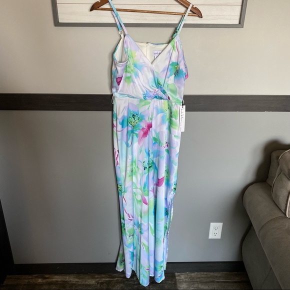 NICOLE MILLER spaghetti adjusted surplice neck open leg floral print satin sz XS - Picture 11 of 17